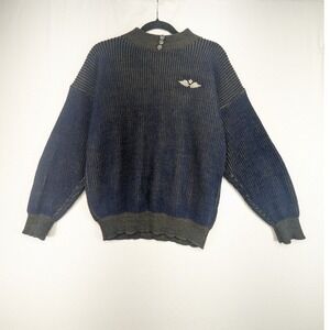 Justin Allen Vintage 90s Ribbed Knit Sweater Navy Green Mock Neck Wing USA Made
